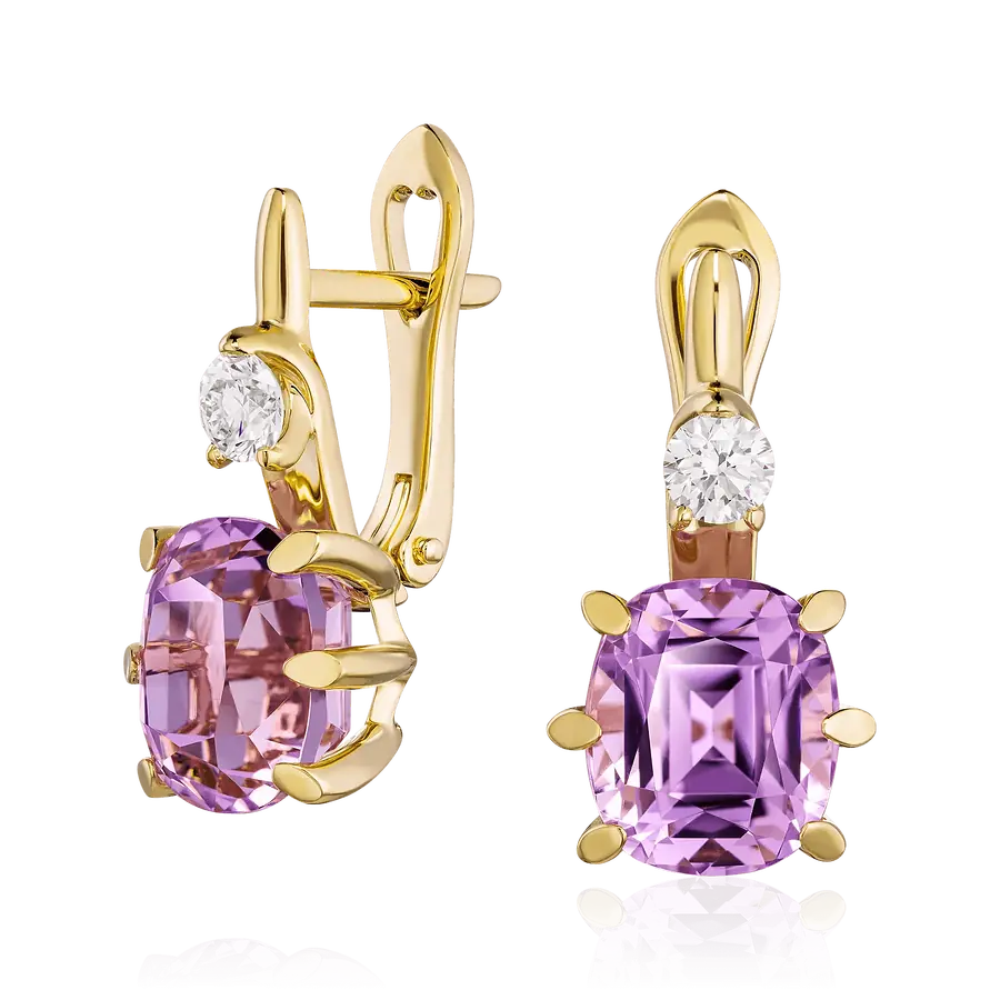 Серьги с кунцитом, бриллиантами из желтого золота 750 пробы, фото № 1