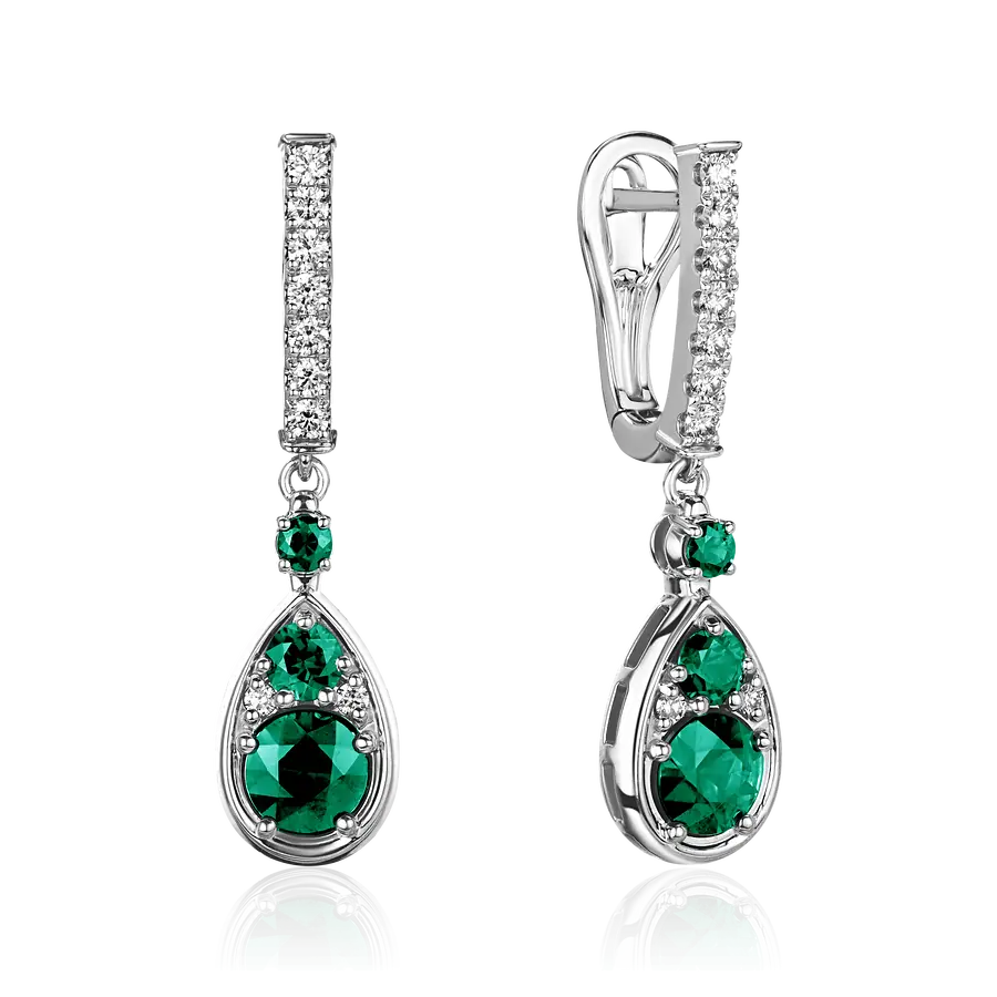 Серьги с изумрудом, бриллиантами из белого золота 585 пробы, фото № 1