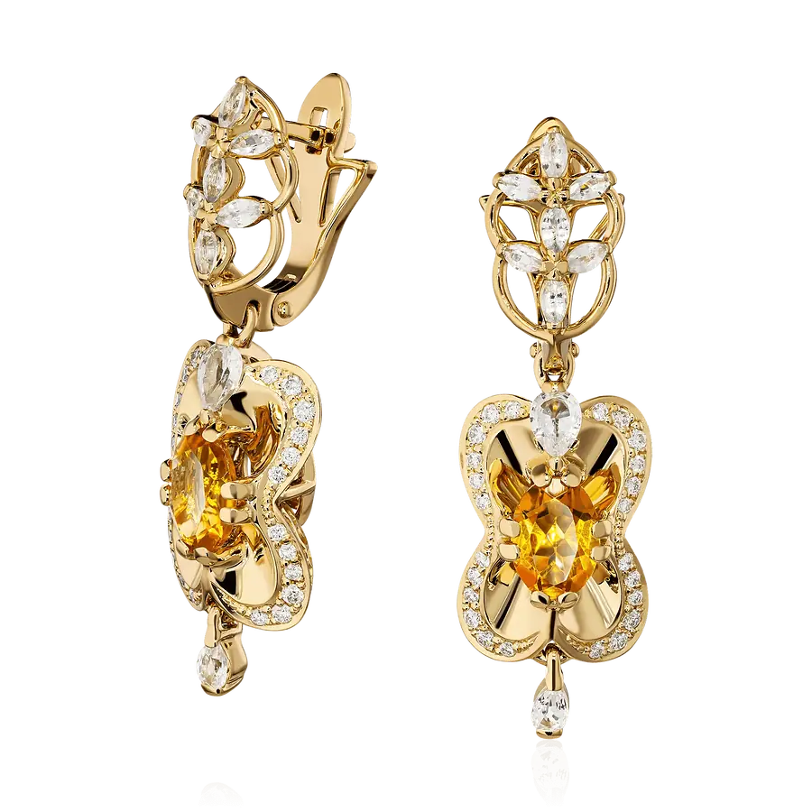 Серьги с сапфиром, бриллиантами, цитрином из желтого золота 750 пробы, фото № 1